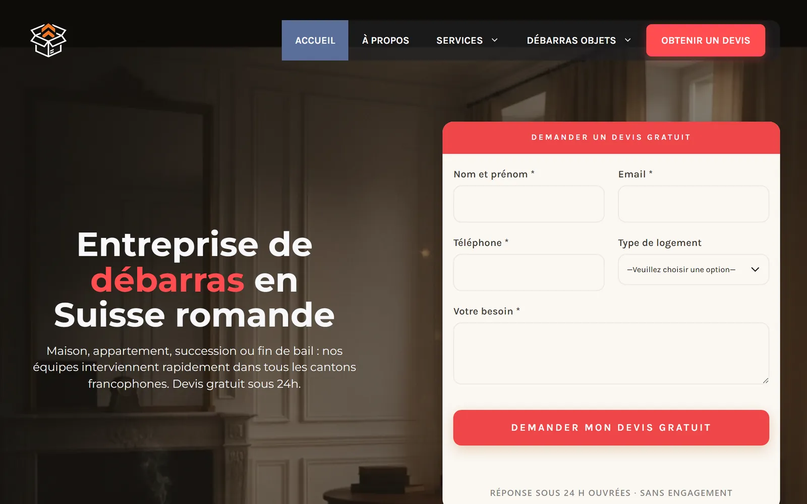 Page d’accueil d’Encombrant.ch, entreprise de débarras en Suisse romande, avec son formulaire de devis