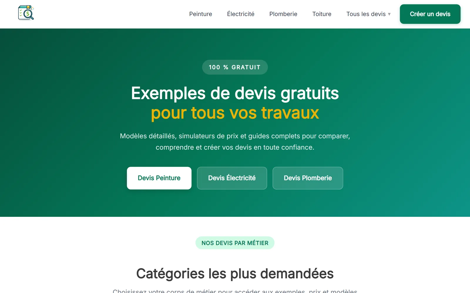 Page d’accueil d’ExempleDevis : exemples de devis gratuits pour tous les travaux