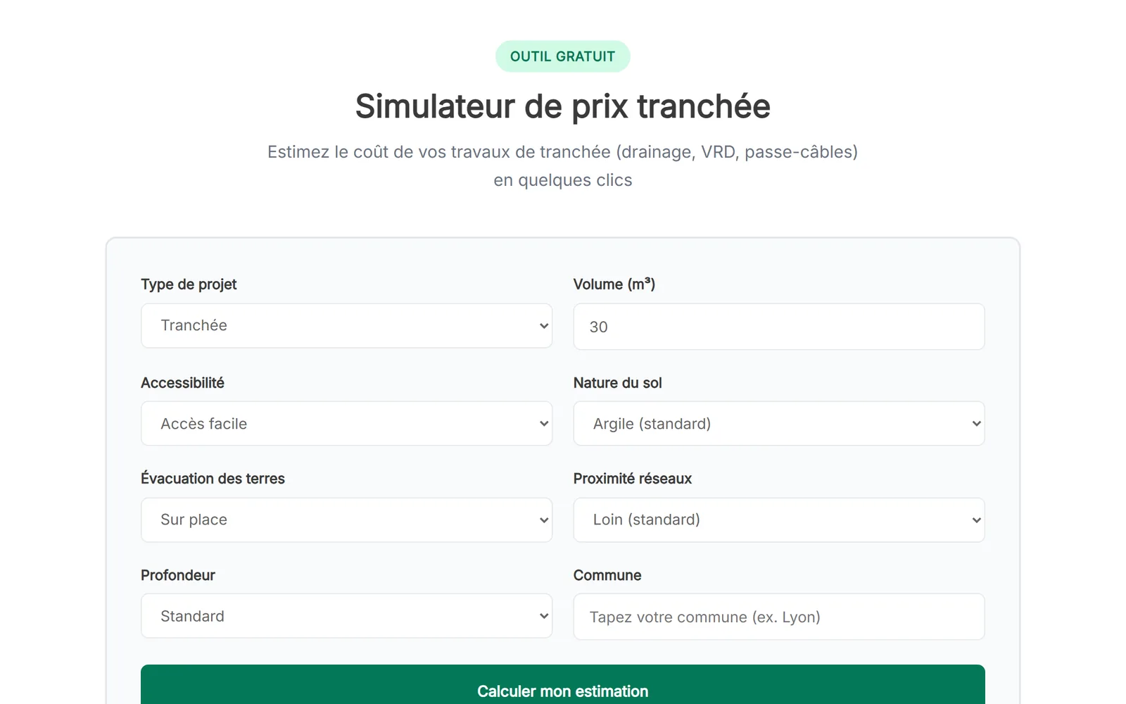 Simulateur de prix tranchée d’ExempleDevis : type de projet, volume, sol et commune