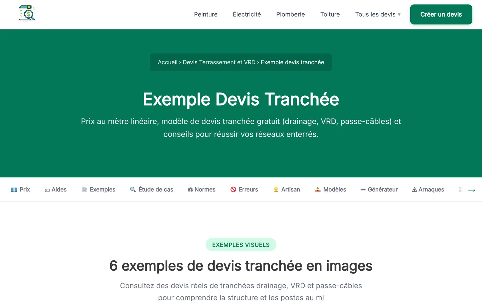 Page exemple de devis tranchée sur ExempleDevis