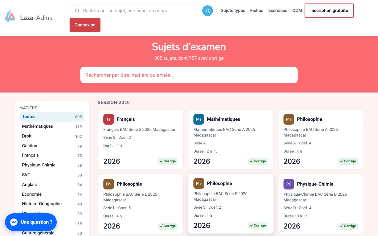 Page des sujets d’examen de Laza-adina : 805 sujets, dont 757 avec corrigé