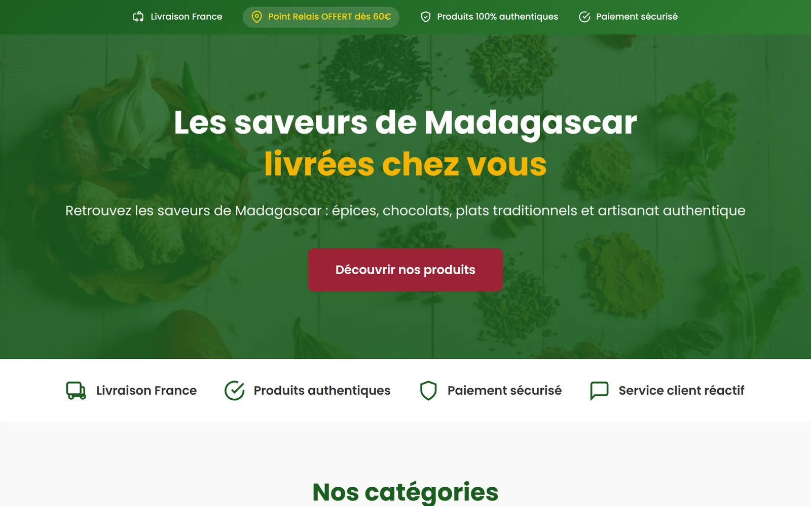 Page d’accueil de la boutique ProduitsGasy : les saveurs de Madagascar livrées chez vous