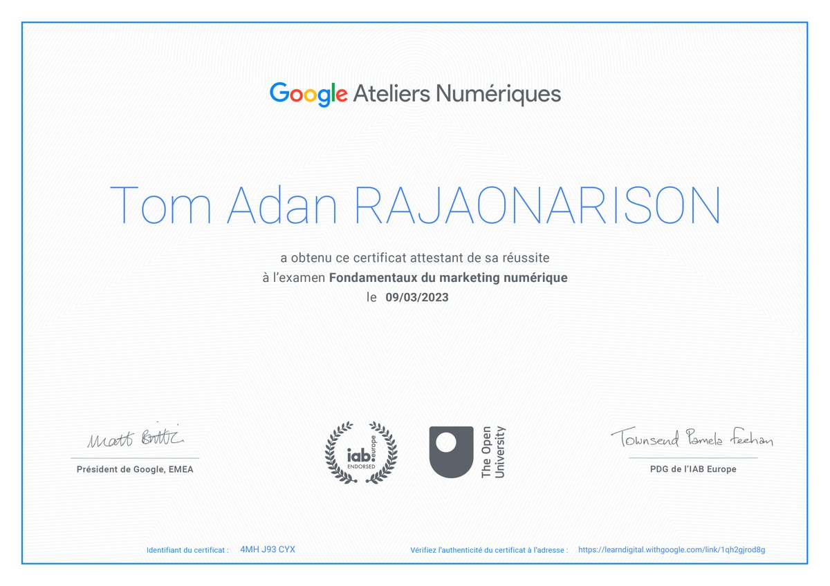 Certificat Google Ateliers Numériques — Fondamentaux du marketing numérique