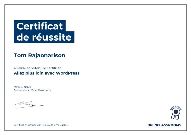 Certificat OpenClassrooms — Allez plus loin avec WordPress