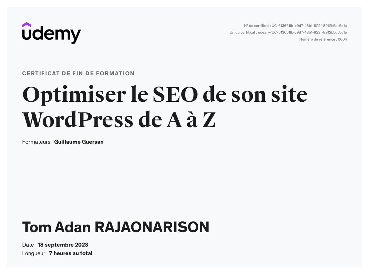 Certificat Udemy — Optimiser le SEO de son site WordPress