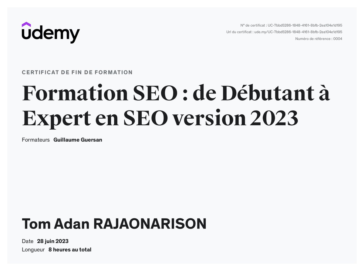 Certificat Udemy — Formation SEO : de débutant à expert