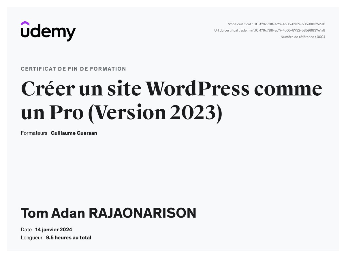 Certificat Udemy — Créer un site WordPress comme un pro
